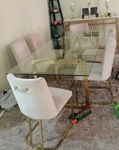 Glass Top Dining Table with 6 Velvet Chairs - Gold Frame
