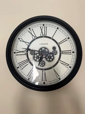 Black Round Wall Clock with Visible Gears - London Design