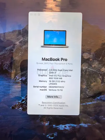 MacBook Pro 13-inch (2017) - 16GB RAM, 512GB, macOS Ventura
