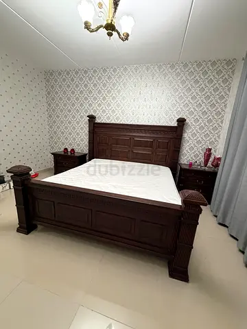 Solid Dark Wood King Size Bed with Headboard and Footboard, Classic Design