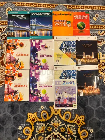 Assorted School Textbooks and Workbooks - Algebra, Geometry, Language, Grammar (Set) for Grade 10