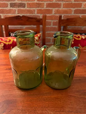 Pair of Green Glass Water Jugs / Pitchers - Vintage Style