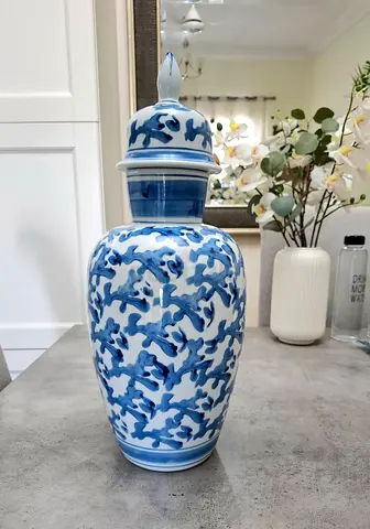 Blue and White Porcelain Ginger Jar with Lid - Decorative Vase 17 inches