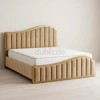 Modern Velvet Upholstered Double Bed with Padded Headboard & Footboard