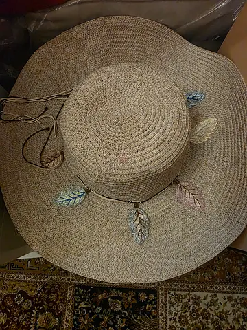 Wide Brim Straw Sun Hat with Decorative Leaf Trim. New. Never Worn. AED 45 Only!