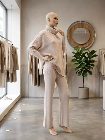 Beige Ribbed Knit Two-Piece Loungewear Set (Top & Pants)