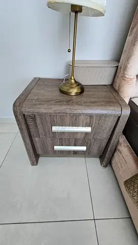 Pair of Bedside Tables / Nightstands — Grey Oak, 2 Drawers Each, Waterfall Edge
