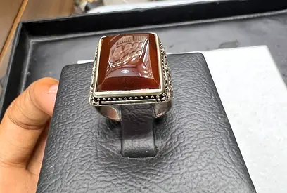 Sterling Silver Men's Ring with Carved Brown Agate Stone