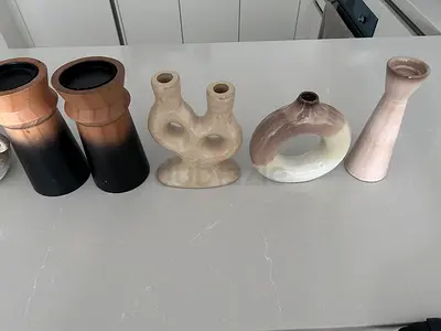 Set of 5 decorative ceramic vases and candle holders, wooden coasters and candle holders