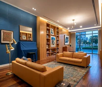 Modern Living Room Set with Leather Sofas and Wooden Shelving