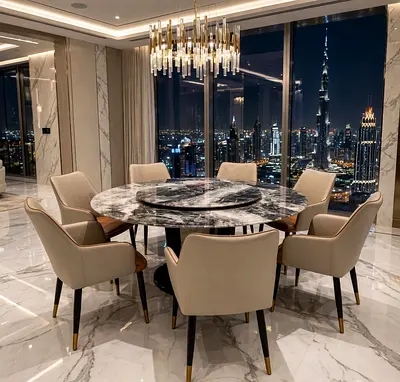 Marble Round Dining Table with 6 Upholstered Chairs - Modern Set