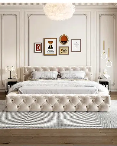 Tufted Upholstered King Bed with Footboard — Light Beige