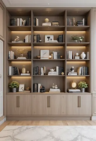 Built-in Wooden Bookcase with Cabinet Storage - Light Oak Finish
