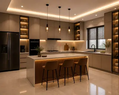 Modern kitchen island with bar stools and pendant lights - set