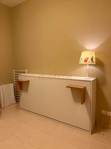 White Wall-Mounted Foldable Murphy Bed with Wooden Shelves and mattress