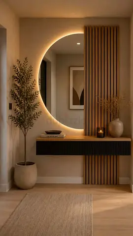 Modern Floating Console Table with Backlit Round Mirror