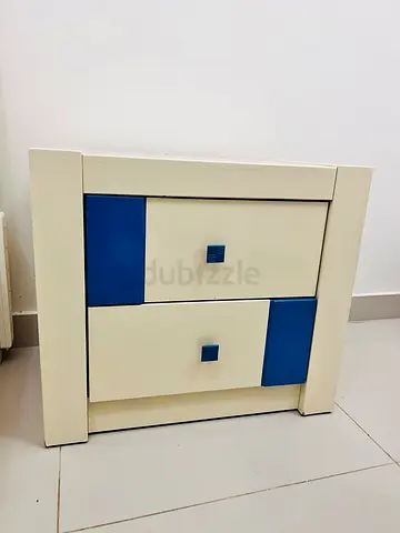 Compact 2-Drawer Nightstand in Cream with Blue Accents