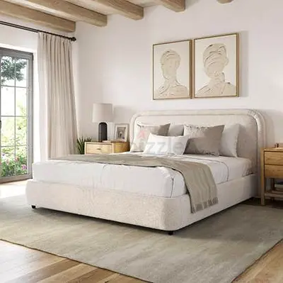 Elegant Cream Headboard Bouclé Fabric Bed