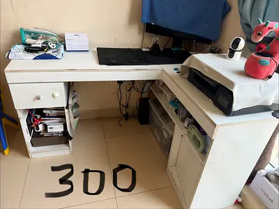 Used L-shaped White Study/Computer Desk with Storage - Good Condition