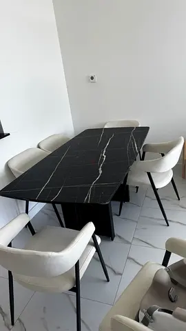 Modern Black Mdf marble style Dining Table with 6 Cream Upholstered Chairs