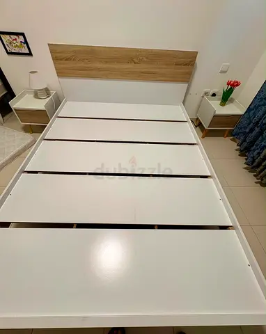 Urgent Sale Queen size bed frame with headboard and slats - white & wood finish (Free Mattress)