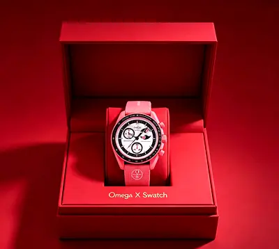 Omega x Swatch Speedmaster MoonSwatch (pink) in presentation box