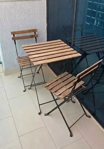 Wooden Slatted Bistro Table with Two Folding Chairs - Balcony Set