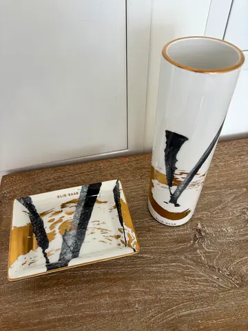 Elie Saab- White and Gold Ceramic Vase with Matching Trinket Tray - Set of 2