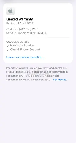 iPad mini (A17 Pro) Wi‑Fi — Limited Warranty until Apr 1, 2027