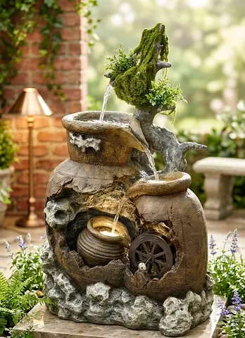 Decorative Outdoor Water Fountain with Rustic Jar Design