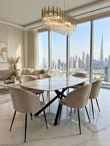 Marble Top Dining Table with 6 Beige Velvet Chairs - Modern Set (Like New)