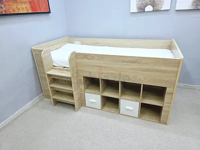 Kids Mid Sleeper Bed with Built-in Storage Shelves and Drawers