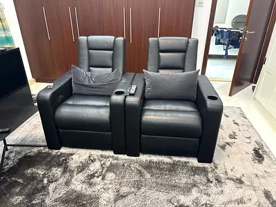Pair of Black Leather Recliner Home Theater Seats with Cup Holders