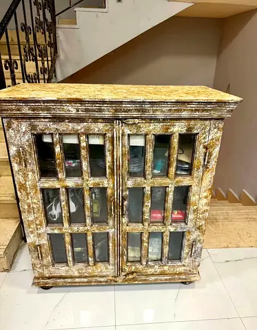 Distressed Wooden Cabinet with Glass Paneled Doors - Rustic Storage Cupboard