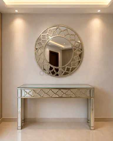 Elegant Mirrored Console Table and Matching Round Wall Mirror Set