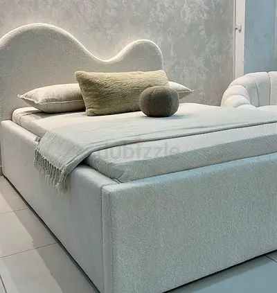 Modern Curved Headboard queen Bed Upholstered in Cream Bouclé