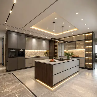 Modern Grey Kitchen with Island - Complete Cabinetry Set