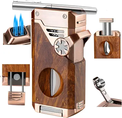 5-in-1 Torch Lighter with V Cutter, Punch, Holder, Nubber, Adjustable Windproof