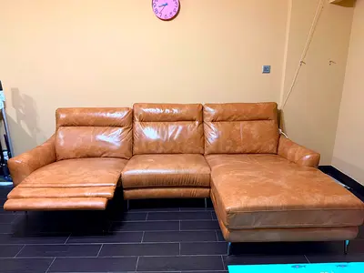 Genuine Leather L-Shaped Sofa with Recliner - Light Brown