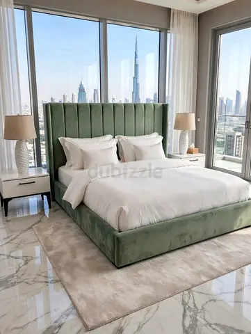 Modern Green Velvet King Bed with Tall Channel-Tufted Headboard