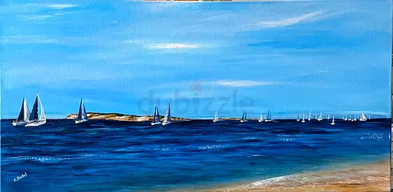 Original Seascape Painting with Sailing Boats, size100x50 cm