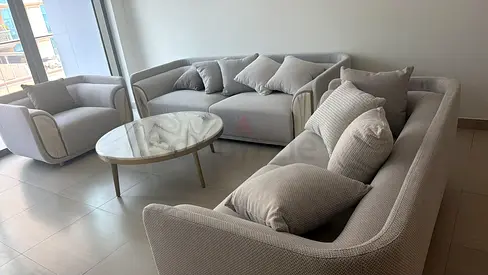 Light grey 3+2+1 seater sofa set with armchair and marble coffee table with bill