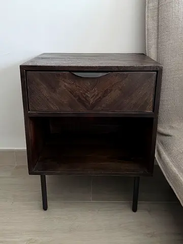 Set of 2 Pottery Barn Solid Mango Wood Bedside Tables with Drawer and Open Shelf - Dark Finish