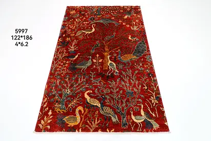 122x186 | 4x6.2 ft Handmade Afghan carpet wool Rug with Bird and Tree Motif
