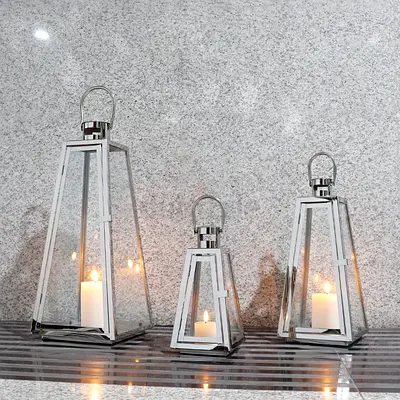 Metal Lantern Candle Holders Set of 3, Decorative Lanterns with Glass Panels, Modern Vintage Ta