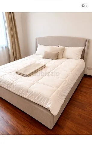 Modern New Beige Upholstered Double Bed Frame with Headboard
