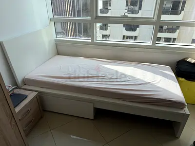 Single white platform bed with headboard and under-bed drawer - good condition