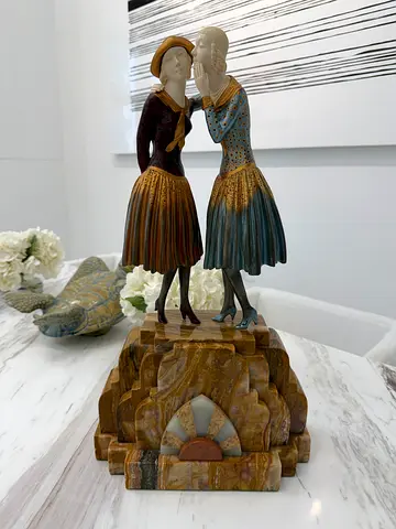 Antique Decorative Dancing Couple Bronze Sculpture - Marble Base, Hand-Painted