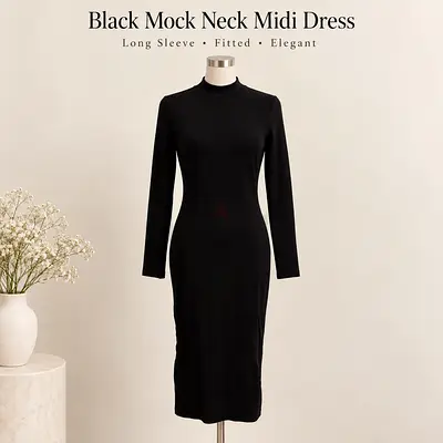 Black Mock Neck Long Sleeve Midi Dress – Size M 🖤✨