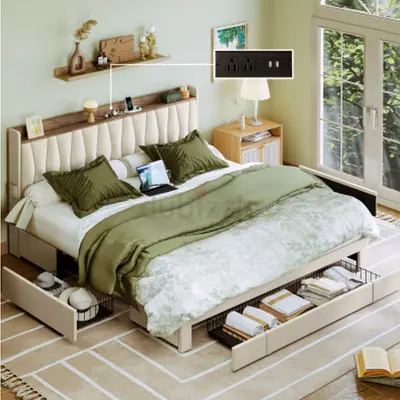 Sandy Pebble Velvet Fabric Bed With Storage Drawers